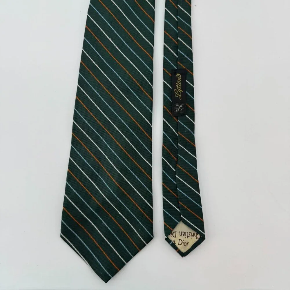 Vintage Christian Dior Tie Striped Silk Green Orange Diagonal Pattern